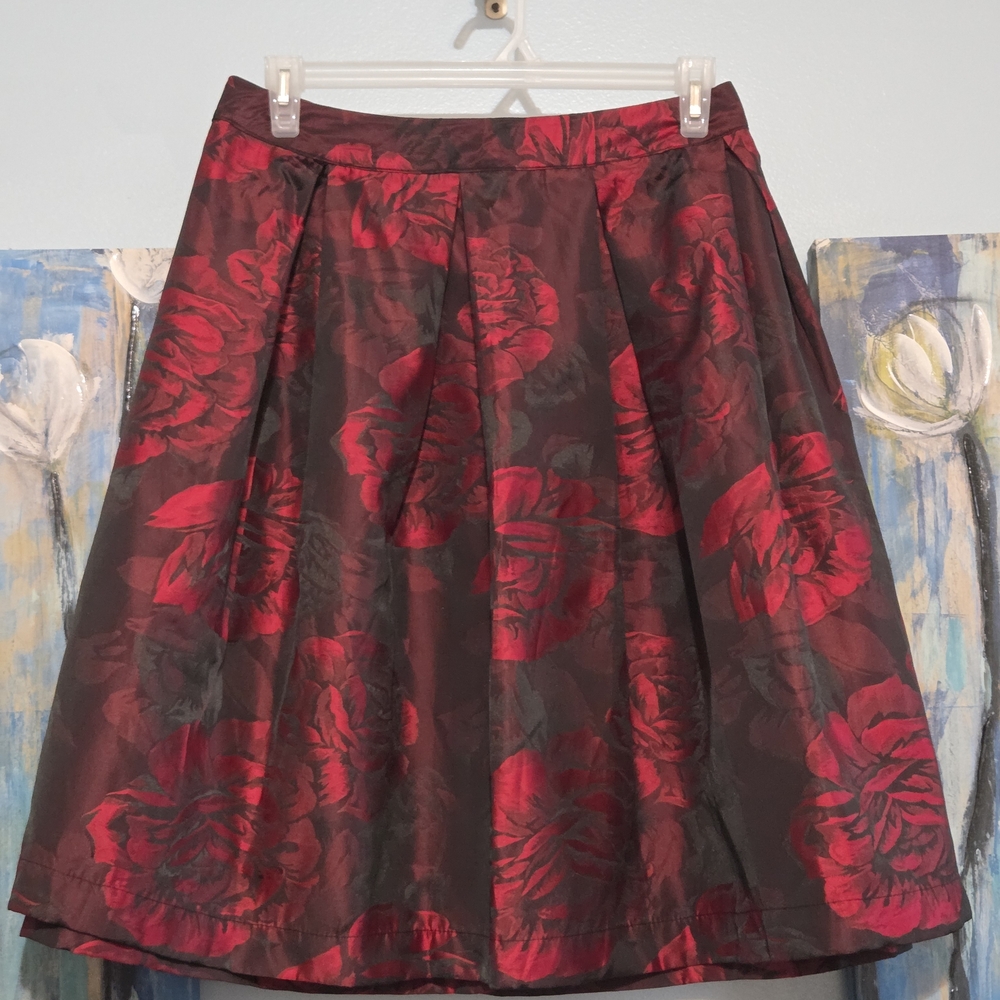 Ashley Stewart Red and Black Floral A-Line Skirt